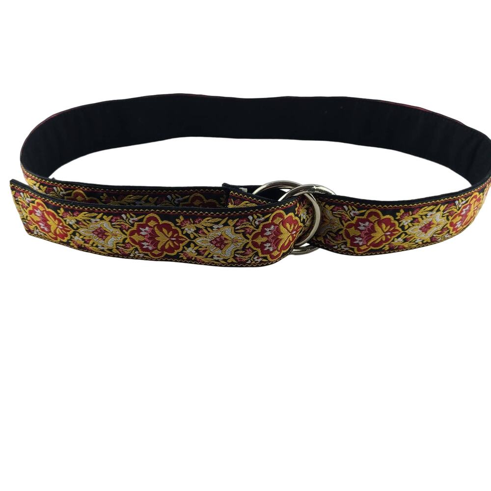 Tapestry Print Cloth Belt Blacks Reds Yellows White Silver Slip Thru Buckle